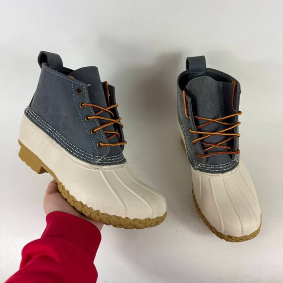 L.L. Bean Ankle Duck Boots Women's 9 Ivory Gray Leather Lace Up Round Toe Casual - Picture 1 of 10